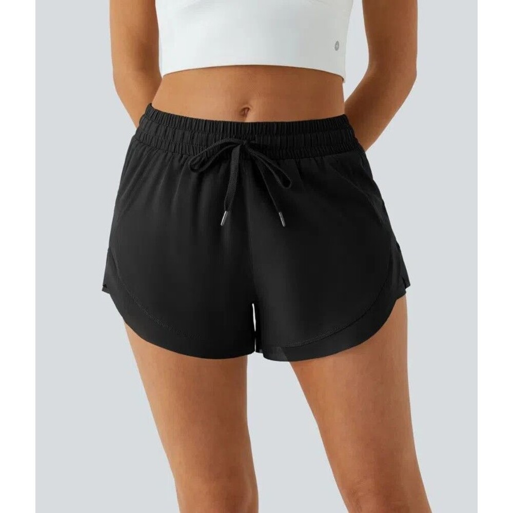 Halara Mid-Rise Drawstring Contrast Mesh 2-in-1 Flowy Running Shorts 3'' Black L